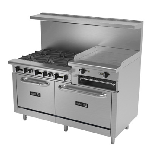 Restaurant Range, natural gas, 60", (6) 30,000 BTU open burners, (1) 24" raised griddle with (2) 23,000 BTU burners, removable cast iron grates, manual controls, grease trough, (1) 30,000 BTU standard oven & (1) 30,000 BTU space saver oven, stainless steel high shelf with backguard riser, stainless steel interior, exterior, front, sides, landing ledge, control valves & kick plate, 6" adjustable steel feet, 286,000 BTU, cETLus, (ships with LP conversion kit) Made in North America