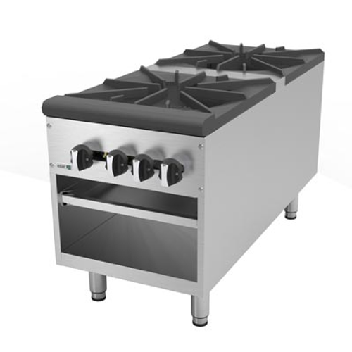 Stock Pot Range, natural gas, 18”W,  (4) manual control valves, (4) 45,000 BTU open burners, removable cast iron grates, full width drip pan, open under storage cabinet, stainless construction, 6" adjustable chrome legs, 180,000 BTU, cETLus, (ships with LP conversion kit) Made in North America