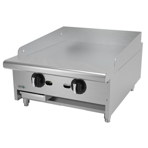 Griddle, natural gas, countertop, 24"W x 32-1/3"D x 16-1/2"H, (2) 24,000 BTU burners, 3/4" thick polished steel griddle plate, thermostatic controls, 4"D grease trough, 14 gauge stainless steel splash guard, pressure regulator, stainless steel front, sides & ledge, adjustable feet, 48,000 BTU, cETLus, (ships with LP conversion kit) Made in North America