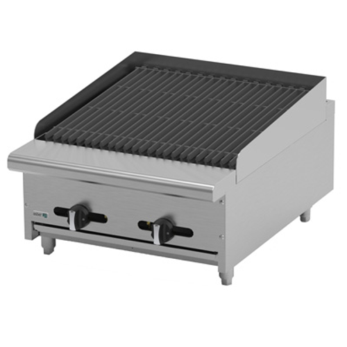 Charbroiler, natural gas, countertop, 24"W, (4) 16,000 BTU burners,reversible & removable cast iron grates, cast iron angled radiants, manual controls, full width drip tray, pressure regulator, stainless steel burners, front, sides & landing ledge, adjustable feet, 64,000 BTU, cETLus, (ships with LP conversion kit) Made in North America