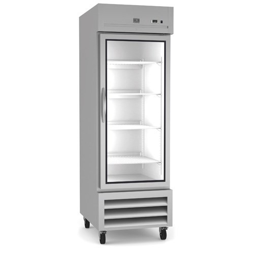 Reach-In Refrigerator, one-section, self-contained bottom mount refrigeration, 23 cubic feet capacity, (1) glass field reversible door with lock, +33/+41°F temperature range, temperature control display, LED light, (3) vinyl coated steel shelves, painted aluminum interior with 304 stainless steel floor, galvanized & stainless steel exterior, heavy duty casters, R290 Hydrocarbon refrigerant, 1/6 HP, 115v/60/1-ph, 0.8kW, 8 amps, NEMA 5-15P, cETLus, ETL-Sanitation