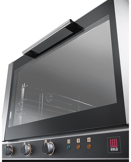 Eka Evolution 4-tray full-size (18x26) electric convection oven with humidity with electro-mechanical controls. Top-opening (bottom-hinged) door. Operates on 208v single-phase power. Chse single or three-phase option. Includes four 18" x 26" grids, electrical cord, components necessary to connect to water supply, and standard drain components.