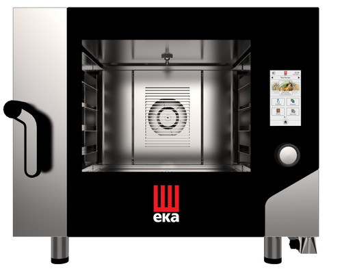 Eka Millennial 4-tray full-size (18x26) Millennial electric combi-oven with touch screen controls. Left-opening (right-hinged) door. Holds up to 8 hotel pans side-by-side. Operates on 208v, chose single-phase  or three phase power . Includes four 18" x 26" stainless-steel grids, multi-point core probe, electrical cord, components necessary to connect to water supply, and standard drain components.