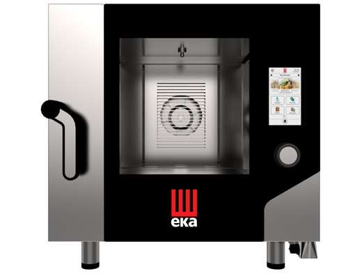 Eka Millennial 5-tray GN1/1 (12x20) Millennial electric combi-oven with touch screen controls. Left-opening (right-hinged) door. Operates on 208v,choose single-phase or three-phase power. Includes five 12" x 20" stainless-steel grids, multi-point core probe, electrical cord, components necessary to connect to water supply, and standard drain components.