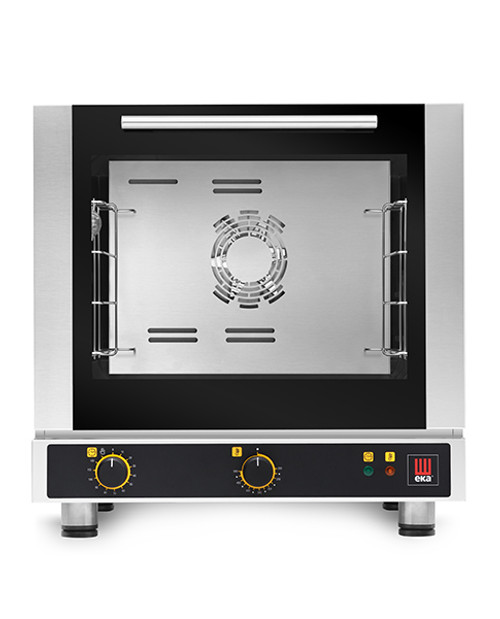 Eka 4-tray, half-size (13x18) convection oven with electro-mechanical control.  Stainless steel construction.  Operates on 120v (208v is available at EKFA412-S2).  Four 13" x 18" grids included.