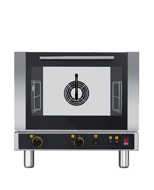 Eka 3-tray, half-size (13x18) convection oven with steam injection and electro-mechanical controls.  Stainless steel construction.  Top-opening (bottom-hinged) door.  Auto-reversing, bi-directional fan.  Three 13" x 18" grids included.