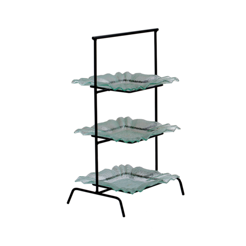 Display Stand, 15-3/4"W x 12"D x 27"H, 3-tier, powder coated iron, black. Glass dishes sold separate.