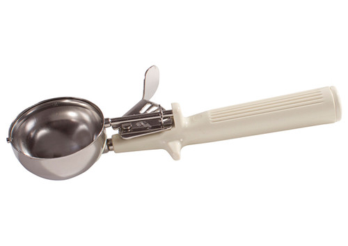 Deluxe Disher, 3-1/4 oz., size 10, 2-11/16" dia., round, one piece handle reinforced with stainless steel rod, easy release, 18/8 stainless steel, ivory, NSF Deluxe Disher, 3-1/4 oz., size 10, 2-11/16" dia., round, one piece handle reinforced with stainless steel rod, easy release, 18/8 stainless steel, ivory, NSF