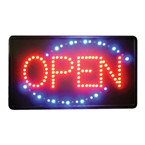 LED Sign, 22"L x 13"W x 1-1/2"H, rectangular, "OPEN", with single flashing pattern, with dust proof cover & hanging chain, includes adapter with 118"L power cord, 120v/60/1-ph, UL