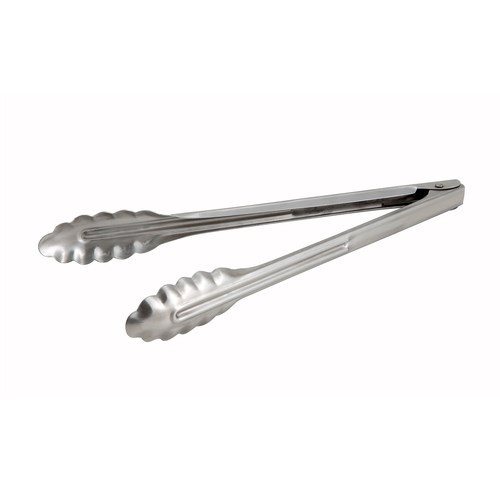 Utility Tongs, 12", coiled spring, scalloped edge, heavy weight 0.9 millimeter stainless steel