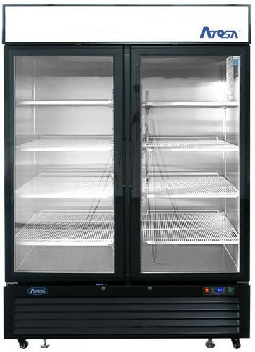Refrigerator Merchandiser, two-section, 54-3/8"W x 31-1/2"D x 81-1/5"H, bottom-mounted self-contained refrigeration, 43.8 cu. ft., (2) self-closing hinged glass doors with locks, Dixell electronic controller, 33° to 38°F temperature range, (8) shelves, LED interior lighting, lighted header panel, stainless steel interior, black steel exterior, 2" casters, R290 Hydrocarbon refrigerant, 1/5 HP, 115v/60/1-ph, 3.2 amps, cord, NEMA 5-15P, cETLus, ETL-Sanitation, ENERGY STAR®