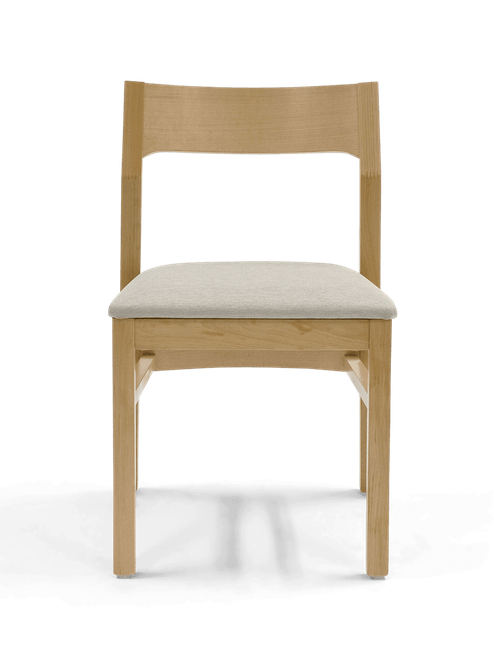 Contoured solid wood back and back legs that flare out. This is a solid and heavy chair. Makes a great addition for modern eateries. Side Chair, upholstered seat, wooden frame, choose stain natural, dark mahogany, cherry or walnut, also available in wooden seat, grade 7 uph. Request available vinyl colors brochure. Call 800-755-4777 or email us sales@dietaryequipment.net