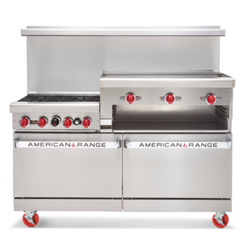 Heavy Duty Restaurant Range, gas, 60", (6) 32,000 BTU open burners, (1) 24" raised griddle/broiler with manual controls, (2) 26-1/2" ovens with one rack each, stainless steel front, sides & high shelf, 6" chrome plated legs, 89.0kW, 302,000 BTU, CSA Flame, CSA Star, Made in USA. SHOWN WITH OPTIONS