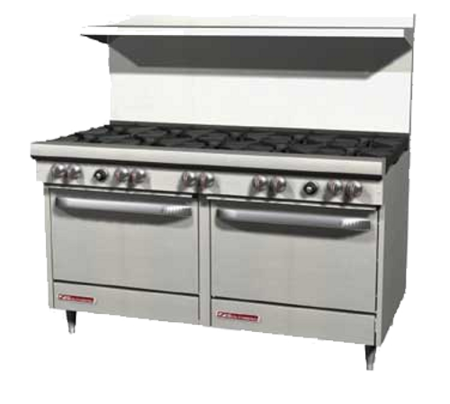 S-Series Restaurant Range, gas, 60", (10) 28,000 BTU open burners, (2) standard ovens, snap action thermostat, removable cast iron grates, crumb drawer & shelf, hinged lower valve panel, includes (1) rack per oven, stainless steel front, sides, shelf, 4" front rail & 6" adjustable legs, 350,000 BTU, CSA, NSF