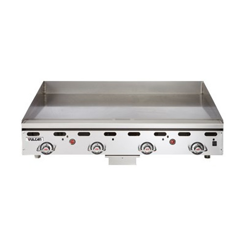 Heavy Duty Griddle, countertop, gas, 24" W x 24" D cooking surface, 1" thick polished steel griddle plate, embedded mechanical snap action thermostat every 12", millivolt pilot safety, manual ignition, low profile, stainless steel front, sides, front grease trough, 4" back & tapered side splashes, 4" adjustable legs, 54,000 BTU, CSA, NSF. MODEL MSA48 PICTURED