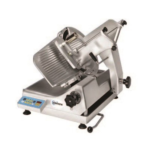 Premium™ Series Slicer, 12 automatic settings, gravity feed, 13" diameter knife, variable slice thickness 0" - 0.875" (22mm), 35-64 strokes per minute, belt driven, remote sharpener mounts in seconds, carriage tilts back for easy cleaning, lift device and zero blade exposure during cleaning, .37kW, 1/2 hp motor, anodized aluminum construction, cETLus, NSF