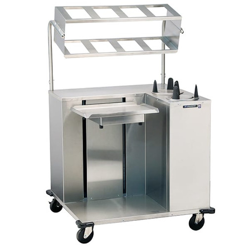 Tray Starter Station, mobile, tray dispenser, (2) plate dispensers, stainless steel cutouts in overshelves hold 1/4 size food pans (not included), storage shelves built-in back, stainless steel construction, 5" swivel casters (2) with brakes, NSF, Made in USA