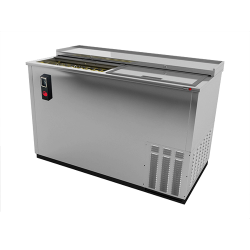 Bottle Cooler, flat top, 50-1/2"W, deep well horizontal, (26 cs) 12 oz. can/(19 cs) 12 oz. bottle capacity, (2) lids, (3) epoxy coated adjustable bin dividers, locks per lid, analog thermostat, fluorescent interior light, removable bottle opener, cap catcher, stainless steel front, sides & top, galvanized back & interior, stainless steel floor, side mounted self-contained refrigeration, 1/4 hp, cETL, UL, NSF, Made in North America