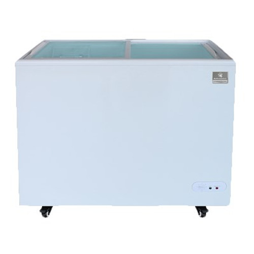 (738090) Ice Cream Display Freezer, 7 cubic feet capacity, sealed cabinet interior, white exterior, sliding glass lid with lock, control capable of +10° F, defrost drain, self-contained refrigeration system, NSF certified thermometer, heavy-duty wire storage basket, heavy-duty casters, 1/6 HP, 115v/60/1-ph, 0.3kW, R600a Hydrocarbon refrigerant, NEMA 5-15P, cETLus, ETL-Sanitation