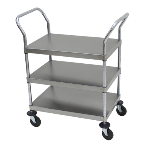 Utility Cart, open design, three shelves, shelf size approximately 18" x 27", tubular stainless steel frame, with casters