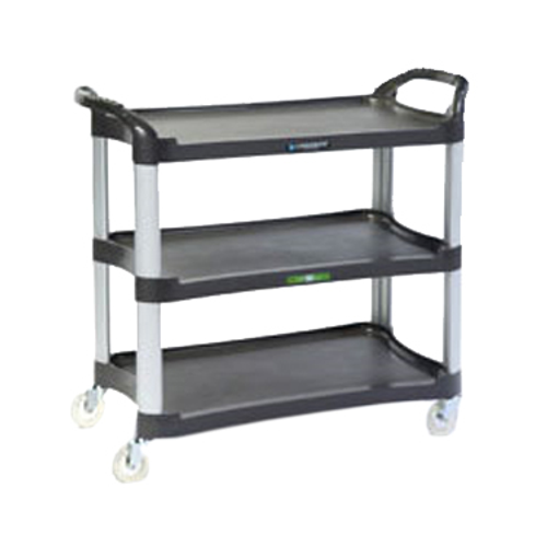 Utility Cart, medium duty, (3) 16-3/4" x 29-1/2" shelves, 500 lb. capacity, 11" shelf clearance, dent resistant, cushion grip push handle on each short side, 1" lip on all sides, stain & odor resistant polyethylene, brushed aluminum legs, No-Mark® 4" polyurethane swivel casters, charcoal (ships KD, no tools required for assembly)