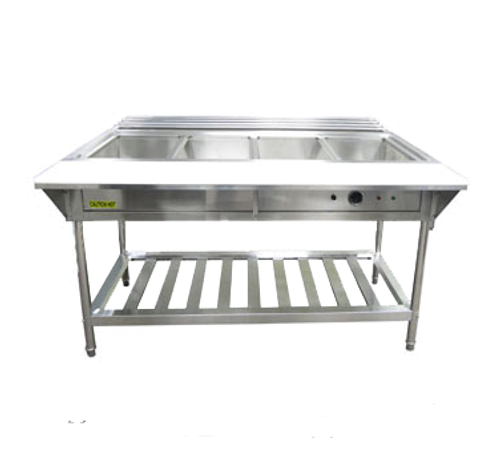Water Bath Steam Table, 57-1/4"W x 26"D x 34-1/4"H, 4-compartment, 12" x 20" x  8-1/2" deep wells, thermostatic control dial, low water cutoff sensor with reset button, 304 stainless steel fully welded water pan, single heating element, 3/4" drainage pipe, adjustable legs with bullet ends, undershelf, stainless steel,   208v/240v/60/1-ph, 3000 watt, 12.5 amp, NEMA 6-20P, CE (ships Knocked-Down)