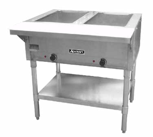 Steam Table, 33"W, 2-well, 8" deep open wells, 8" x 1/2" polycarbonate cutting board, 2 individually controlled 750 watt heating elements with infinite control switches, adjustable stainless steel undershelf, stainless steel  with galvanized steel wells and legs, 120v/60/1-ph, 1500 watt, 12.5 amp, NEMA 5-15P, CE