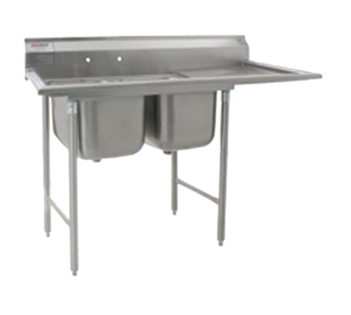 414 Series Sink, two compartment, 56-5/8"W x 27-1/2"D, 430 stainless steel top with 304 stainless steel sink bowls, coved corners, 16"W x 20" front-to-back x 13-1/2" deep compartments, 18" drainboard on right, 9-1/2"H backsplash with 1" upturn & tile edge, 8" OC splash mount faucet holes, 2" euro-style edge on front & sides, includes (2) 3-1/2" basket drains, galvanized legs & side crossbracing, adjustable plastic bullet feet, NSF