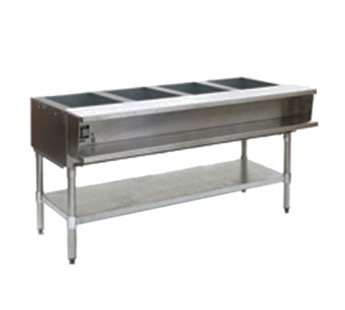 Water Bath Hot Food Table, specify gas, open base, 63-1/2"W x 30-1/2"D x 34-1/2"H, 20/430 highly polished stainless steel top & body, (4) 12" x 20" stainless steel wells, 1/2" N.P.T. pipe connection on right, stainless steel dish shelf, removable 63-1/2"W x 8"D polycarbonate cutting board, 1-5/8"dia. galvanized legs, galvanized undershelf, adjustable plastic feet, 30,000 BTU, NSF, cULus Water Bath Hot Food Table, specify gas, open base, 63-1/2"W x 30-1/2"D x 34-1/2"H, 20/430 highly polished stainless steel top & body, (4) 12" x 20" stainless steel wells, 1/2" N.P.T. pipe connection on right, stainless steel dish shelf, removable 63-1/2"W x 8"D polycarbonate cutting board, 1-5/8"dia. galvanized legs, galvanized undershelf, adjustable plastic feet, 30,000 BTU, NSF, cULus