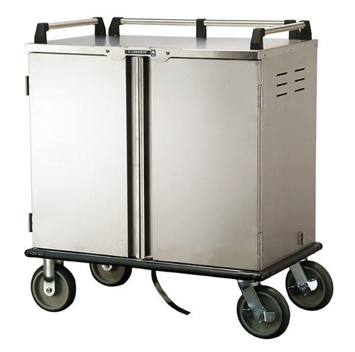 Tray Delivery Cart, 2-compartment, 40-1/2"W x 25"D x 57"H, accommodates (14) 14" x 18" or 15" x 20" trays, removable insulated door with 270° swing, held in fully open position by imbedded magnets & top-mounted rotational door catch, removable ledge panels with 5-7/8" spacing, vented end panels, creased floor with drain, full perimeter PVC bumper, anti-static conductive strap fastened to underside, stainless steel construction, (2) fixed & (2) swivel/brake 8" plate casters with cushion tread, NSF, Made in USA