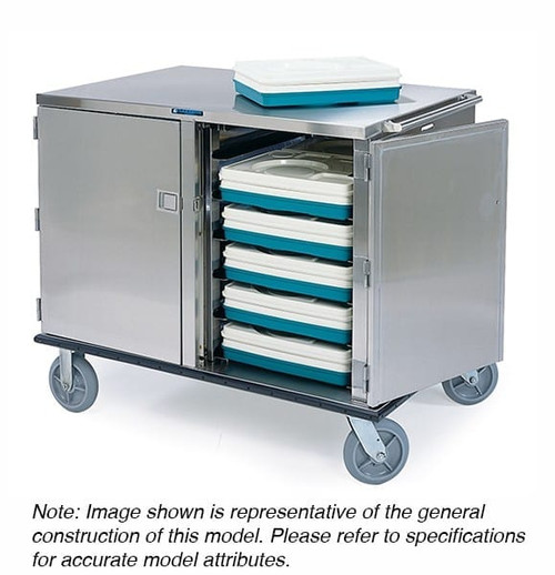 Premier Series™ Tray Truck, enclosed, low-profile, double compartment, non-insulated, (32) 14" x 18" or 15" x 20" tray capacity, 5" ledge spacing, stainless steel construction, (2) 8" fixed and (2) 8" swivel casters, NSF, Made in USA