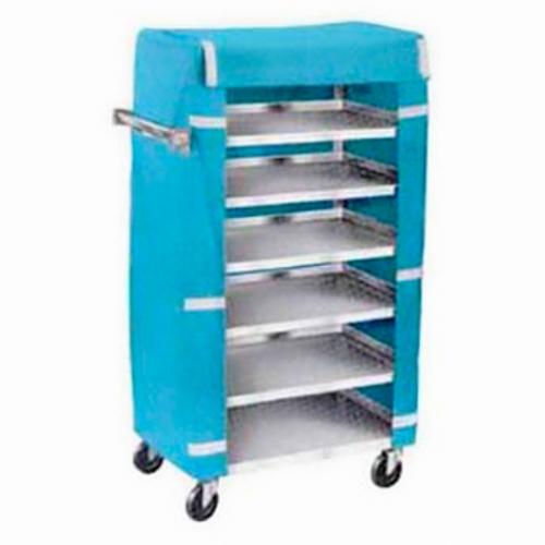 Tray Delivery Cart with Cover, (6) solid shelves, fire resistant blue nylon cover, washable, velcro closures, shelf clearance 5-7/8", stainless steel, Made in USA