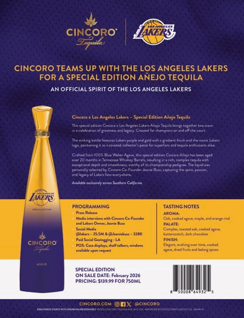 Buy Cincoro Tequila Añejo Lakers Edition online at sudsandspirits.com and have it shipped to your door nationwide.