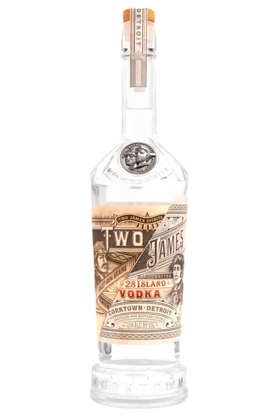 Two James 28 Island Vodka (750ml). 28 Island Vodka is carefully crafted from a blend of 70% corn and 30% organic winter wheat and distilled with the finest American-made copper pot still. The result is a remarkably smooth, balanced spirit with a hint of sweetness that makes an excellent addition to both classic and modern cocktails. The name references the 28 islands of the Detroit River that served as safe haven for Detroit’s clandestine distillers of the prohibition era.