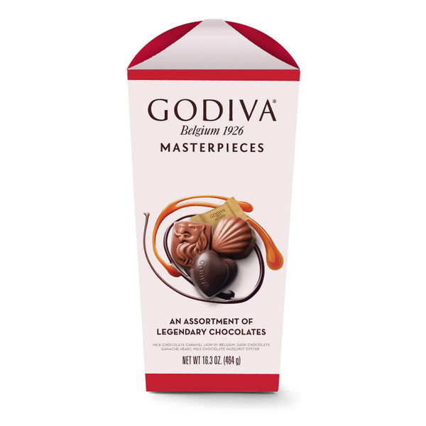 Introducing Godiva Masterpieces—Godiva’s most exquisite chocolates are now available in delightful individually wrapped mini chocolates, perfect to enjoy anytime. Each Masterpiece is crafted in the shape of a signature chocolate and filled with smooth and creamy fillings that melt in your mouth. This Masterpieces Assortment includes the Dark Chocolate Ganache Heart with velvety dark chocolate filling, Milk Chocolate Caramel Lion of Belgium with a smooth caramel filling, and Milk Chocolate Hazelnut Oyster with a creamy hazelnut praline filling. This variety of signature pieces offers the best of Godiva chocolate, made to savor every day. Godiva Masterpieces chocolates are assorted in Godiva's elegant "flower box" featuring a luxurious matte finish and seasonal red foil details—the perfect solution to gift, share at a holiday party or to serve in a candy dish at home. As each Godiva "flower box" is opened, a beautiful flower-like shape blooms to reveal the legendary chocolate assortment inside. Godiva Chocolatier has been crafting its signature Belgian chocolate recipes with quality and artistry since 1926, guaranteeing that every bite of Godiva chocolate will spark joy. Reward yourself and those you love with the indulgent experience that is the wonder of Godiva's deliciously rich chocolate.Godiva Masterpieces Individually Wrapped Assorted Chocolates 3-Flavor (16.3 oz.)