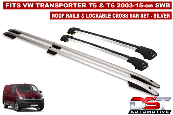 VW T5 & T6 Roof Rails & Lockable Cross Bars Set - SWB SILVER 2003-15-on