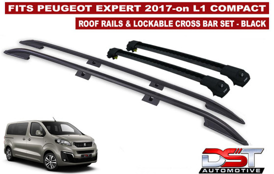 Peugeot Expert Roof Rails & Lockable Cross Bars Set - L1 Compact Black 17-on