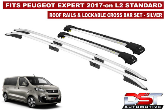 Peugeot Expert Roof Rails & Lockable Cross Bars Set - L3 Long Silver 17-on