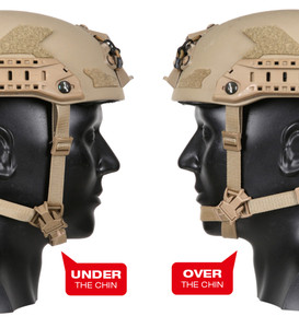Ops-Core Head-Loc® Flex Chin Strap - Tan 499 pictured in under and over configurations Ops-Core Head-Loc® Flex Chin Strap - Tan 499 pictured in under and over configurations