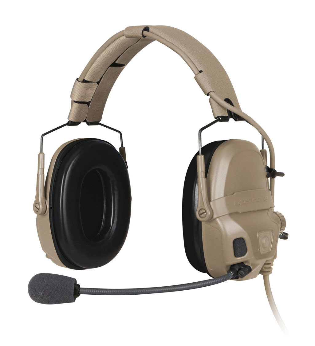 The Ops-Core AMP Communication Headset shown in a headband configuration with noise-cancelling microphone