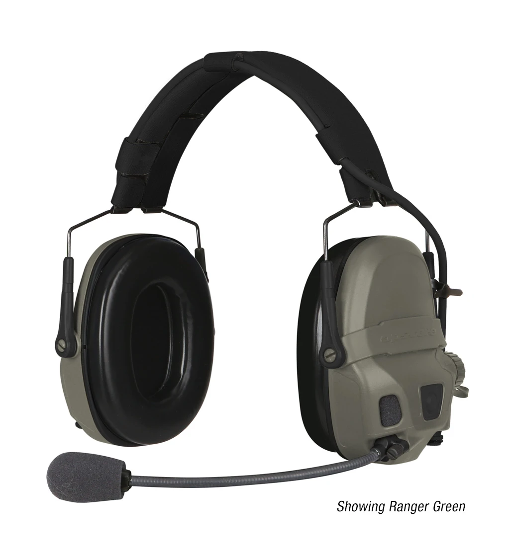 The Ops-Core AMP Communication Headset, a tactical communication headset, shown with noise-cancelling microphone in Ranger Green