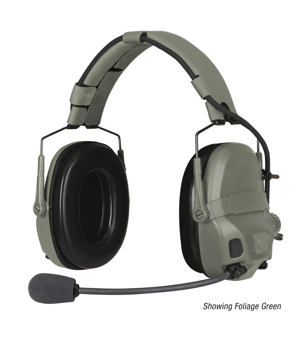 The Ops-Core AMP Communication Headset shown in a headband configuration with noise-cancelling microphone in Foliage Green