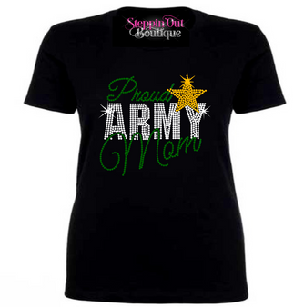 Proud Army Mom Rhinestone Bling Shirt 