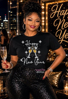 Happy New Year Bling Shirt, Rhinestone New Years Eve Shirt, Champagne Glass Celebration Tee, NYE Party Shirt Women, Sparkly Holiday Shirt