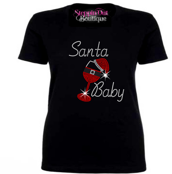 Santa Baby Wine Glass Rhinestone Bling Shirt