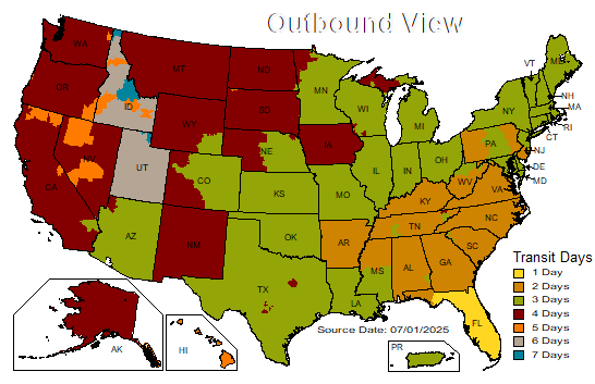 UPS Ground transit-time map from Florida (estimated days in transit)