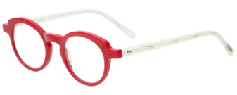 Profile View of Eyebobs Cabaret 2296-01 Designer Reading Eye Glasses with Custom Cut Powered Lenses in Red White Crystal Marble Ladies Round Full Rim Acetate 40 mm