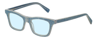 Profile View of Eyebobs Jean Pool Designer Blue Light Blocking Eyeglasses in Blue Denim Unisex Square Full Rim Acetate 45 mm