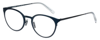 Profile View of Eyebobs Jim Dandy Designer Progressive Lens Prescription Rx Eyeglasses in Satin Navy Blue Crystal Unisex Round Full Rim Metal 50 mm