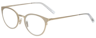 Profile View of Eyebobs Jim Dandy Designer Reading Eye Glasses with Custom Cut Powered Lenses in Satin Gold Crystal Unisex Round Full Rim Metal 50 mm